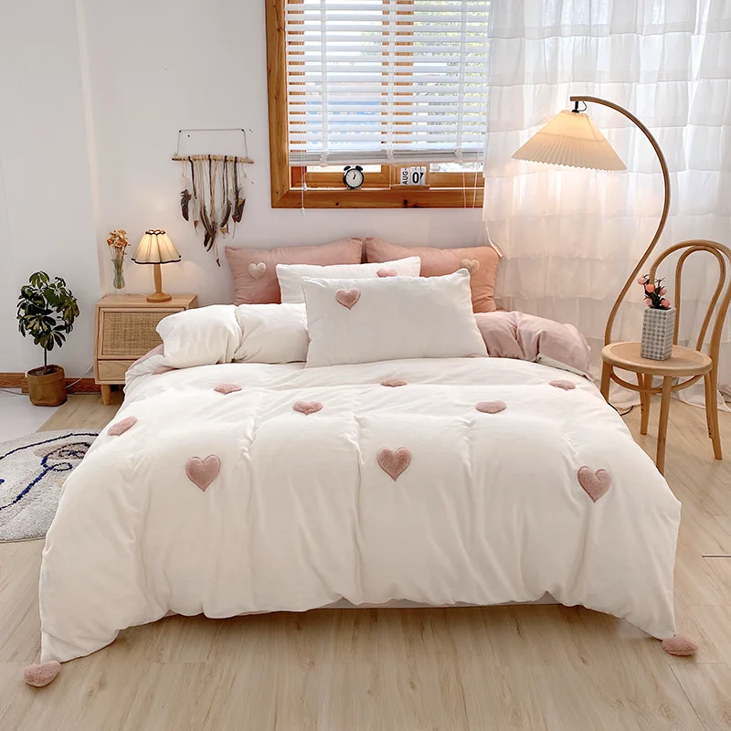 Thiened Autumn Winter Milk Velvet Coral Fce Bedding Set Cute 3D Heart Design Princ Sle Quilt Cover Warmth Storage