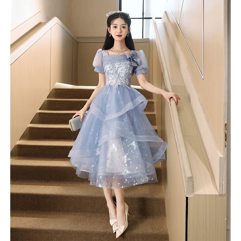 

Fashion Blue Prom Dresses Square Collar Appliques Flounce Organza Princess Ball Gowns Women Formal Party Evening Dress