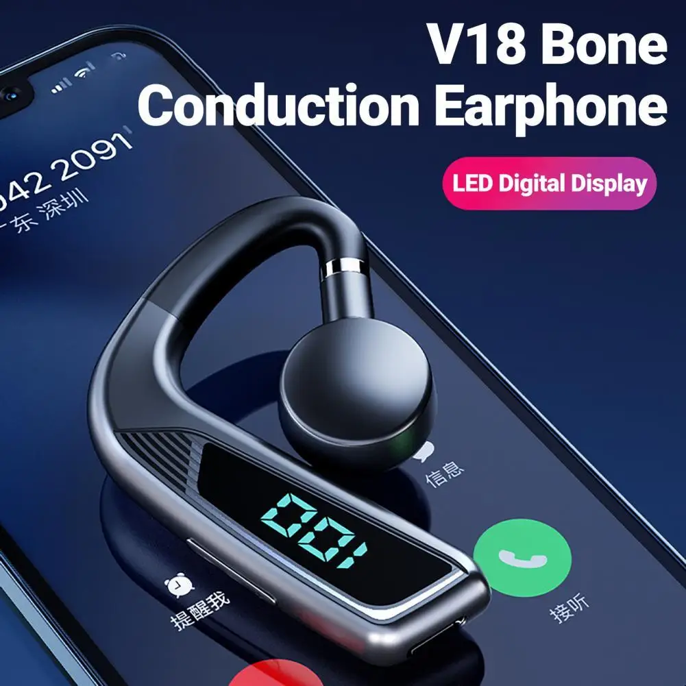 V18 Bluetooth-compatible Earphone Ear Hook Bone Conduction LED Digital Display Business Sports Wireless Headset for Driving