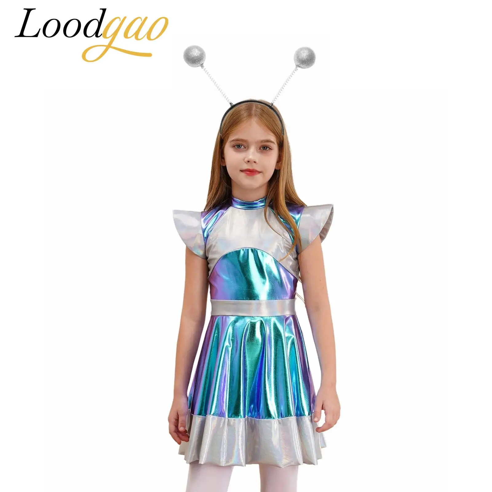 

Girls Shiny Metallic Alien Dress Up Tutu Dance Performance Dresses Halloween Cosplay Party Fancy Outfit Robot Costumes