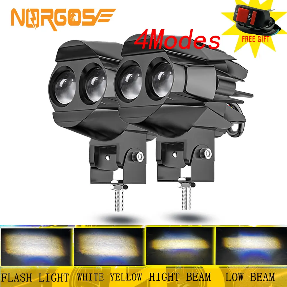 NORGOS 2Pcs Auxiliary Motorcycle Spotlight Headlight LED Fog Light Lamps 12V 24V for Honda Yamaha Suzuki Hero Italika Jawa BMW