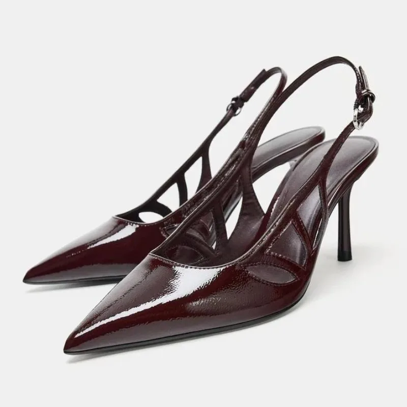 أزياء أشار تو براءات الاختراع والجلود عالية الكعب مضخات النساء الجدة الجوف Slingback أحذية مصممين فستان الحفلات مثير الأحذية