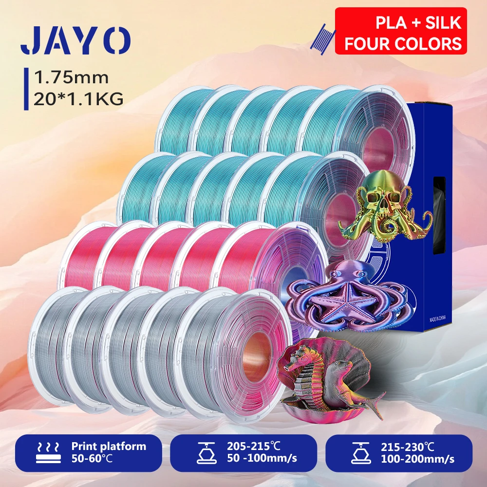 JAYO 20 Rollen 3D Zijde PLA Filament Vierkleurig PLA Plus 3D Printer Filament 1.75mm Glanzende Zijdetextuur 4-in-1 Kleurenfilament
