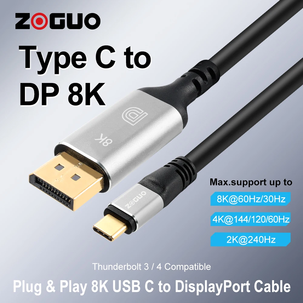 ZOGUO Type C to DP 8K 60HZ (4K@144Hz/120Hz, 2K@240Hz) USB C Thunderbolt 3 to DisplayPort Cable for Monitor Macbook Samsung HDTV