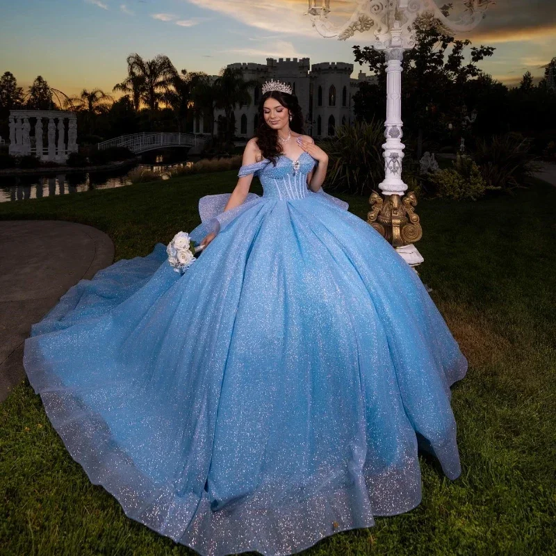 

Blingbling Sky Blue Ball Gown 15 Year Old Quinceanera Dresses Princess Customized Party Dress Off Shoulder Vestidos De Fiesta