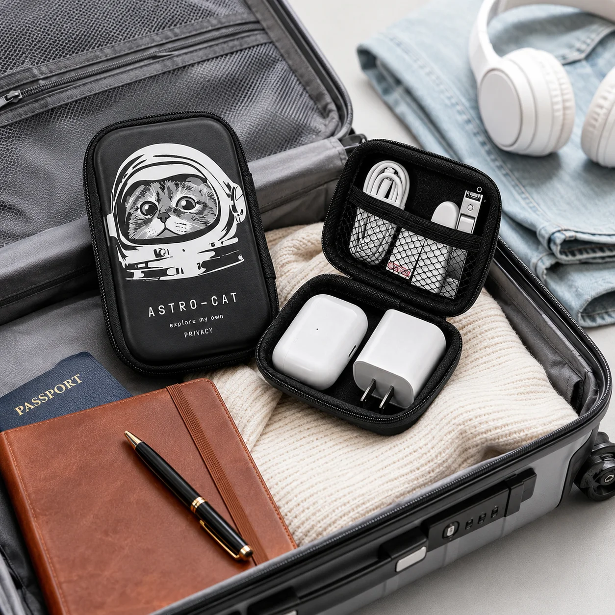 Astronaut Cat Hard Shell Electronics Organizer Case, Shockproof Cable Charger Earphone Storage Bag for Travel & Daily Use