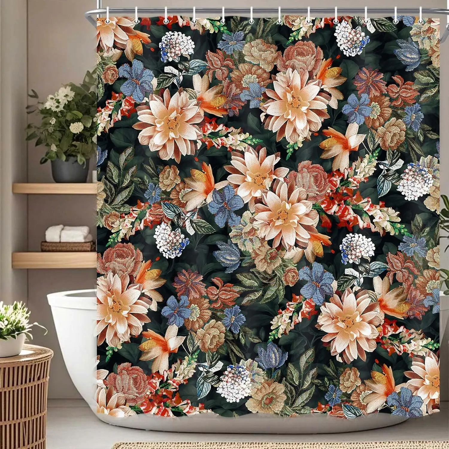

Занавеска для душа с цветочным принтом, винтажный комплект занавесок для душа с цветочным принтом, занавеска для ванной комнаты с синими цветочными растениями, комплект занавесок для душа в стиле бохо с
