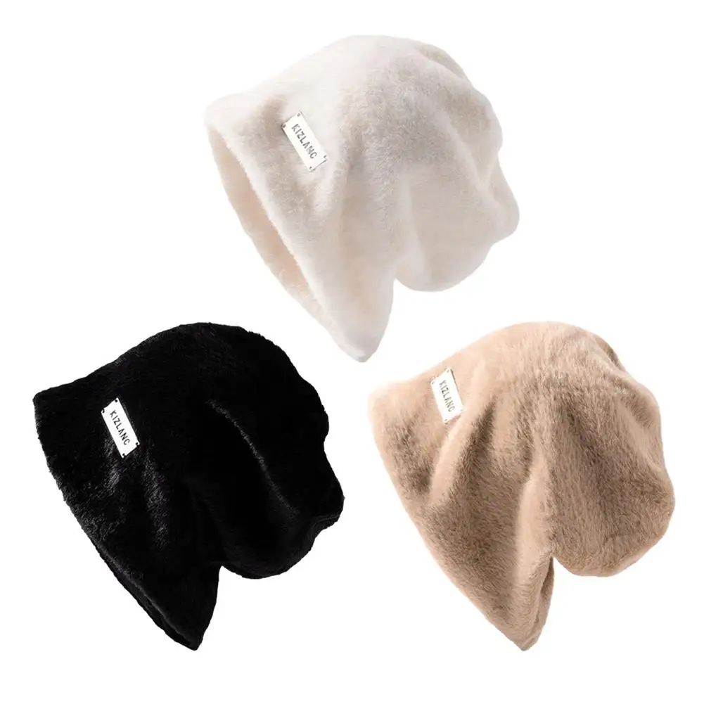 Casual Fake Rabbit Fur Cap Women Autumn Winter Warm Skullies Bonnet Hats Metal Label Polyester Thick Plush Loose Stack Beanies