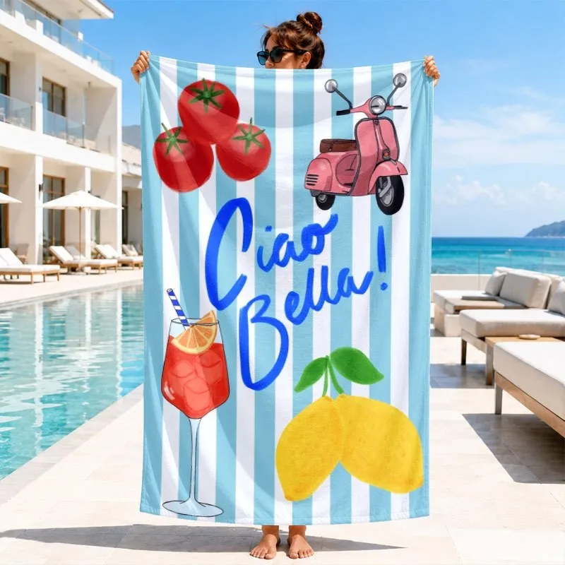 Picnic Gingham Fruit Style Light Blue Plaid Red Cherry Repeat Fruit Pattern Print Quick Dry Pool Beach Towel