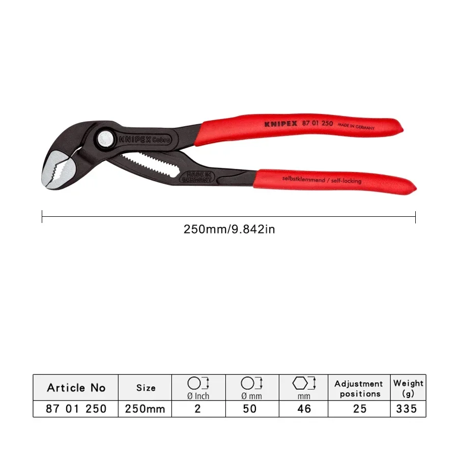 KNIPEX TOOL High-Tech Cobra Water Pump Pliers Adjustment Blend Ergonomic Plier 8701250