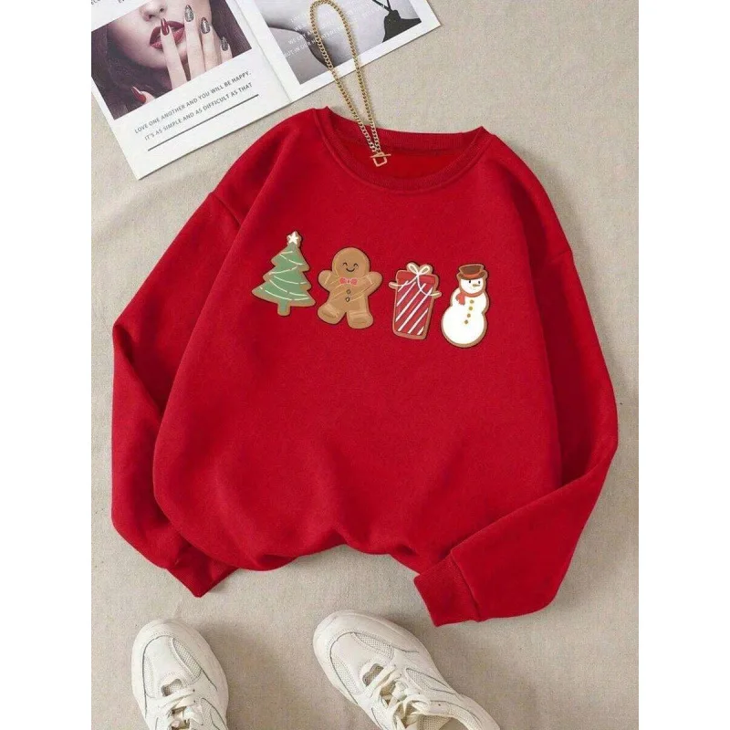 

Christmas Print Thin Fleece Chrisas Fce Top Women's Sweatshirt Comfortable Soft Material Fashionable Casual Wear