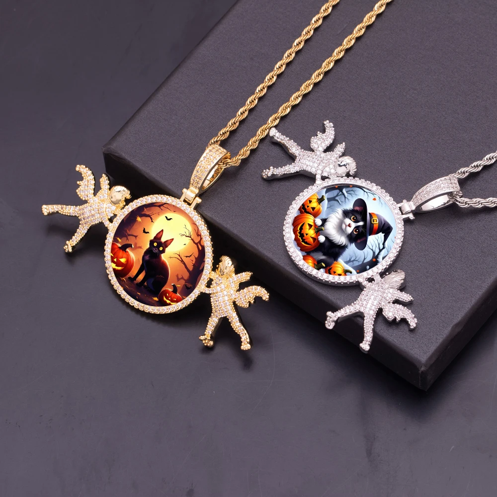 Iced Out Full Zircon Brass Golden Plated Angel Photo Frame Pendant Custom DIY Hip Hop Memory Necklace Bling Lovely Gifts Jewelry