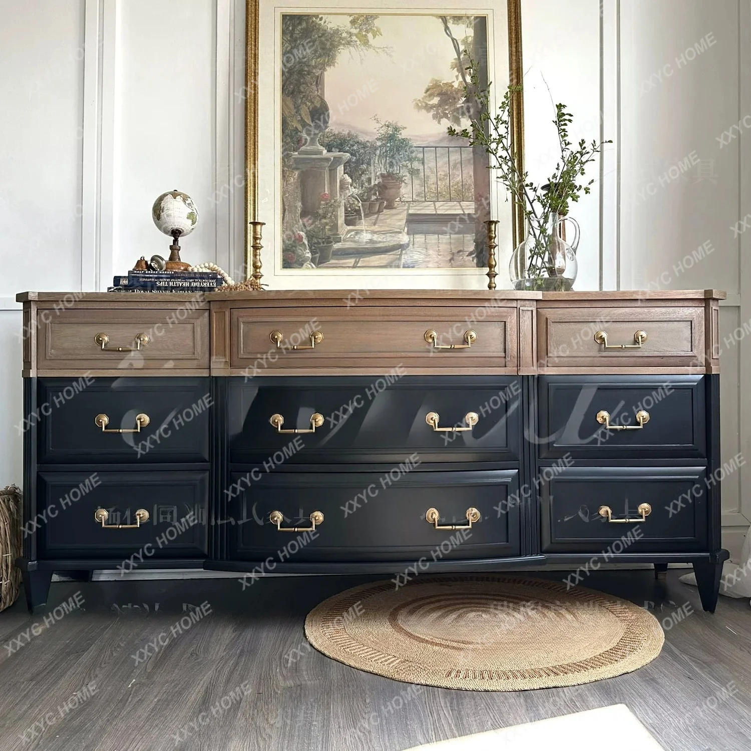 Retro color matching solid wood nine-chest cabinet, bedroom against the wall, locker storage, antique locker