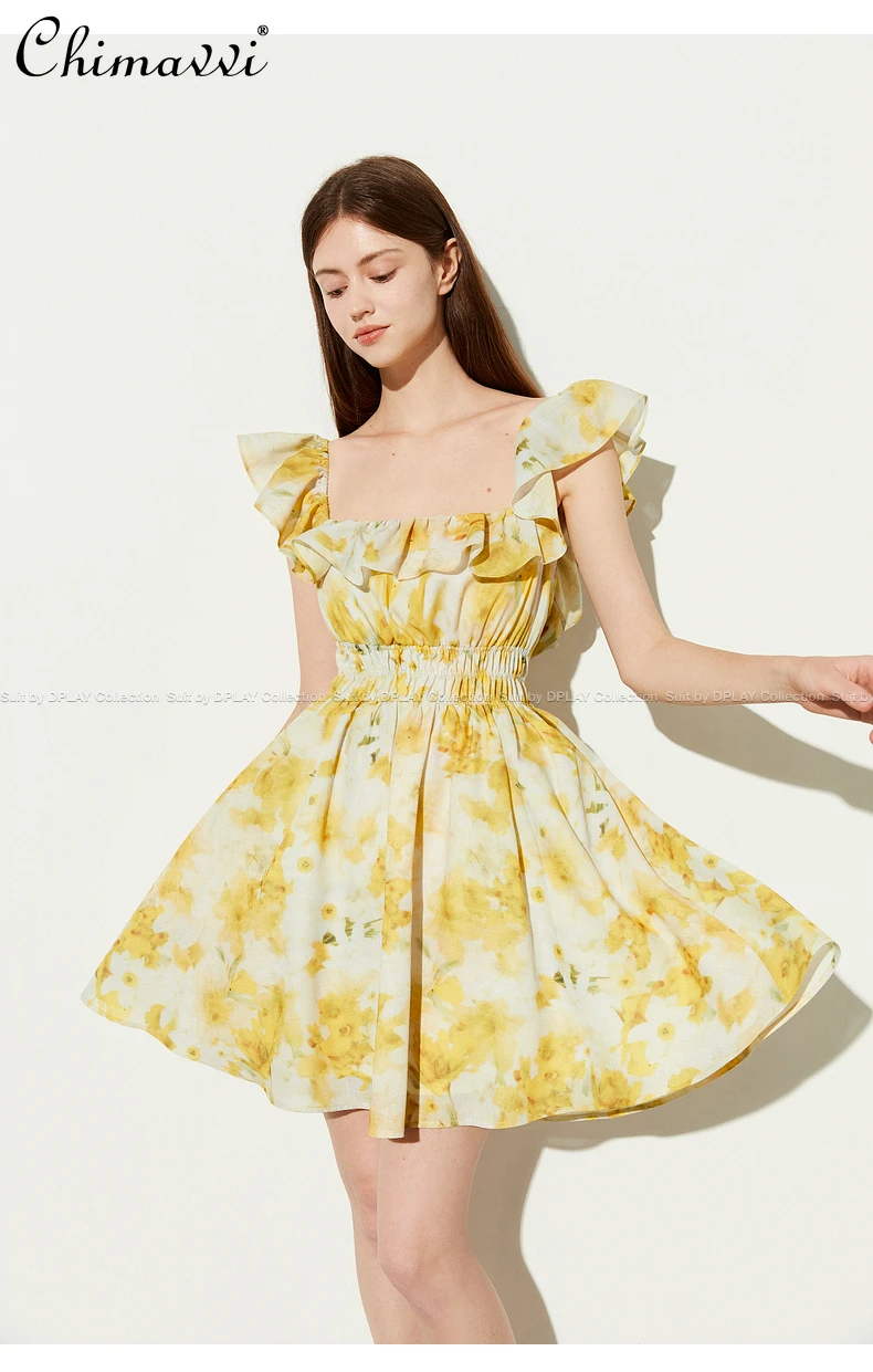 

French Vacation Style Yellow Printing Square Collar Short Sleeve Backless Lace-up Bow High Waist A-line Short Dress Women Summer