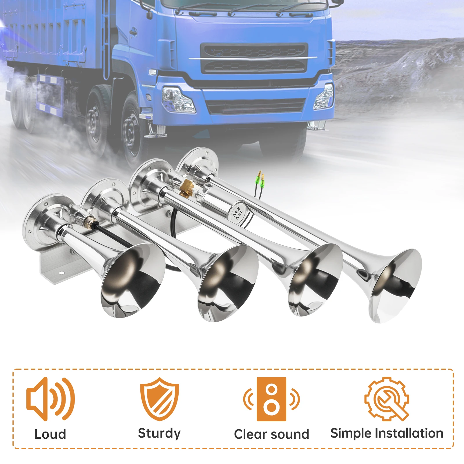 12V / 24V 185dB Silver / Black Super Loud Four Trumpet Car Air Horn for Car Vehicle Truck Train Boat Motorcycle Automobiles