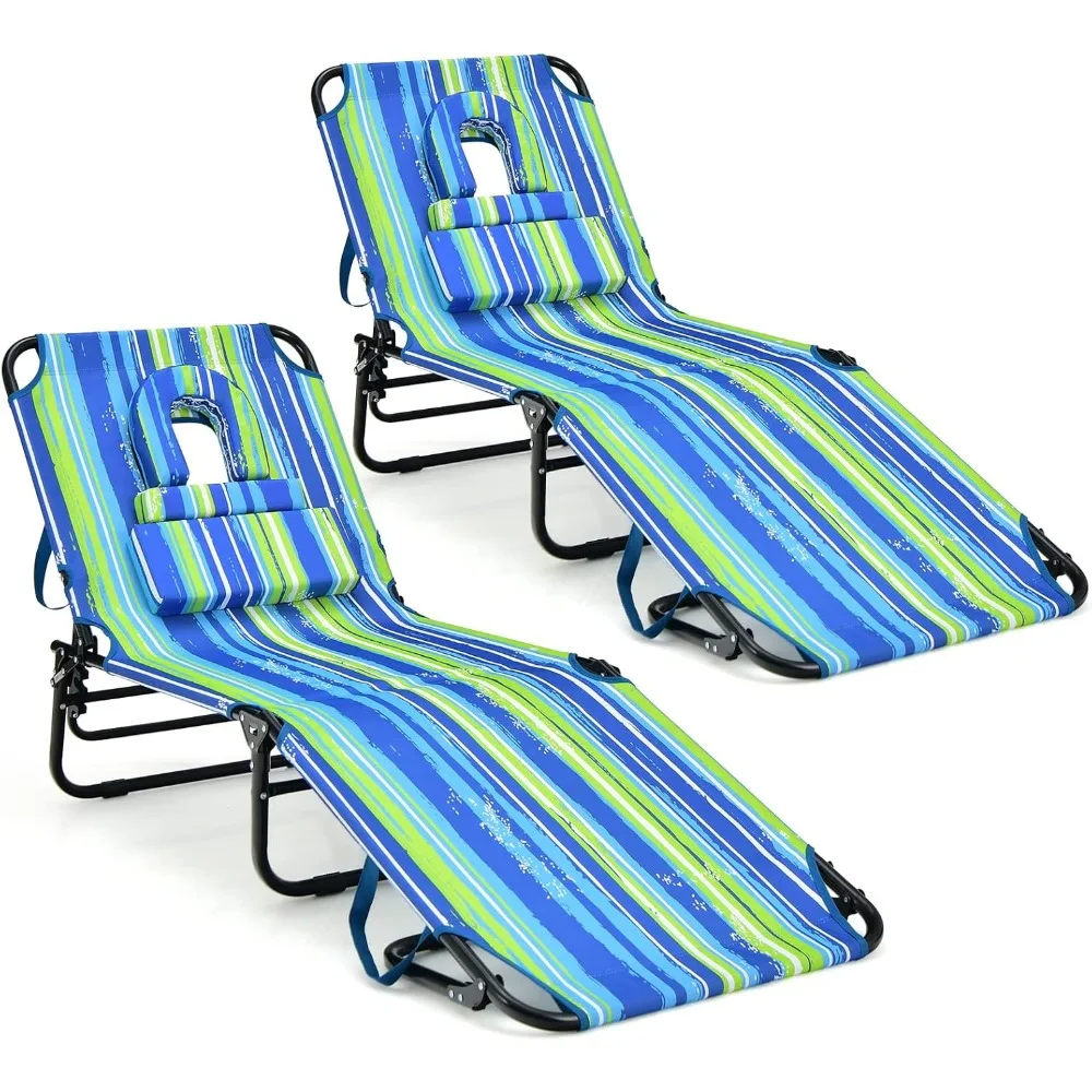 

HAPPYGRILL 2PCS Beach Chaise Lounge Chair with Face Hole & Detachable Pillows, Portable Sunbathing Tanning Chair with 5 Adjustab