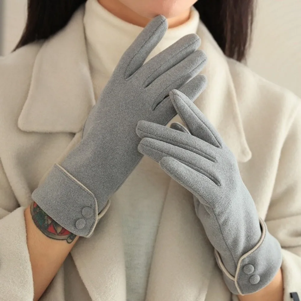 Retro Button Winter Gloves Touchscreen Full Finger Women Gloves Windproof Fleece Cycling Mittens Girls