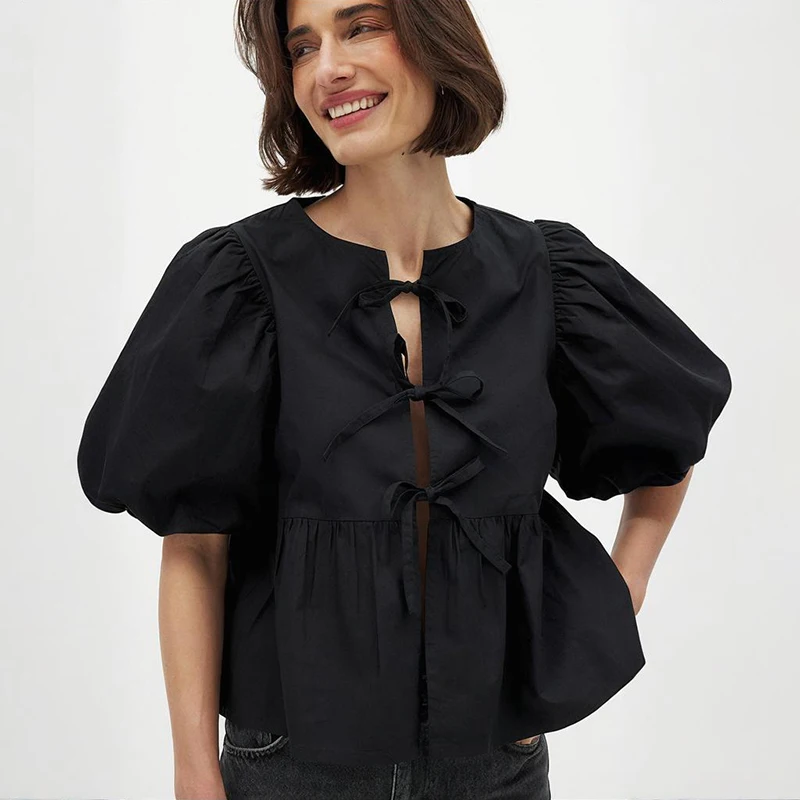 TARUXY Lace Up Round Neck Loose Short-Sleeved Top Women's Commuting  Summer New Puff Sleeves Gathered Cardigan Vacation T-Shirt