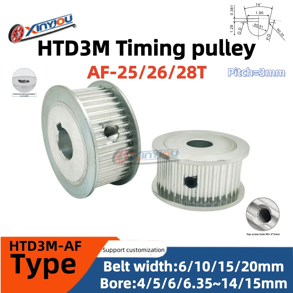 HTD3M25/26/28 Teeth AF-Type Timing Pulley  for Belt Width 6/10/15/20mm Bore 4-15mm Toothed  Surfaces Belt Drive Systems