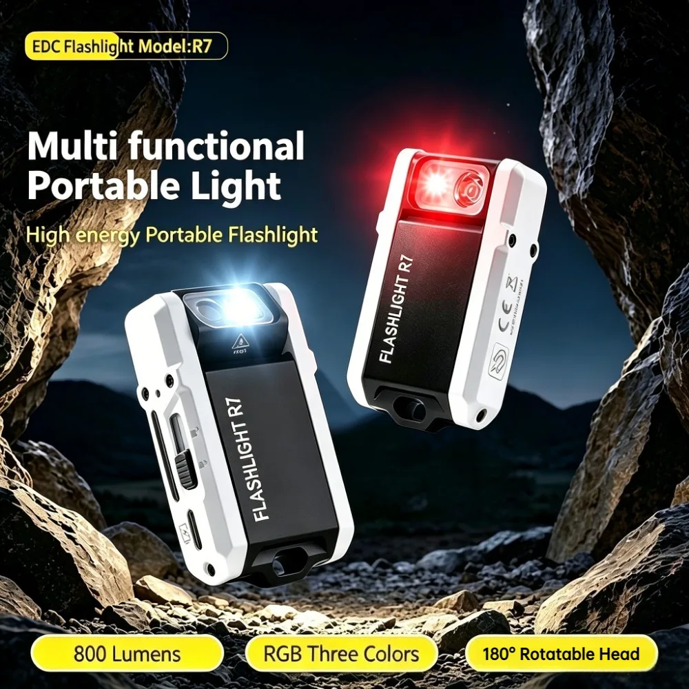 Mini R7 Keychain Flashlight RGB Color Light 180 Degree Rotate Head Magnetic 800LM Rechargeable EDC Torch For Daily Carry Hiking