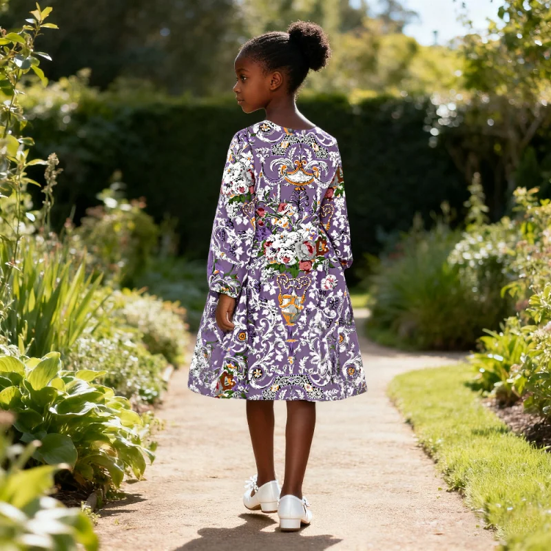 2025 Bohemian Vintage Purple Floral Print Girl - Elegant Casual Party Medium-Length Dress for Kids & Older Kids
