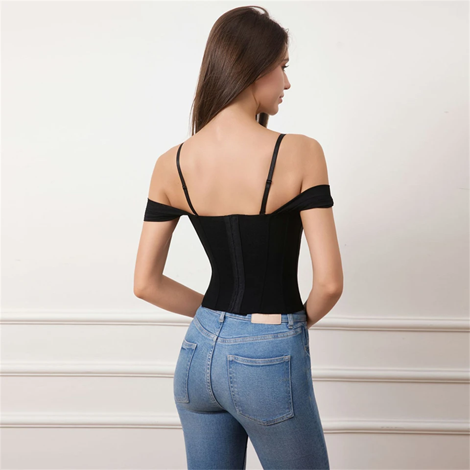 Becirzet Damen Schwarzes Korsett, Drahtloser BH, Sexy Off-Shoulder-Top, Vintage-Fischgrätenmuster, Taillenbetonendes Tanktop – Detail 11