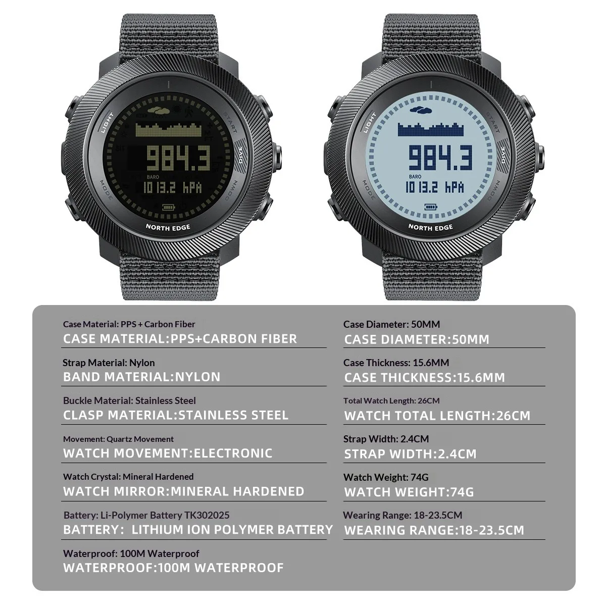 North Edge APACHE-D Freediving Watch Men 100M Waterproof Digital Altimeter Barometer Compass Thermometer Outdoor Sports Watch