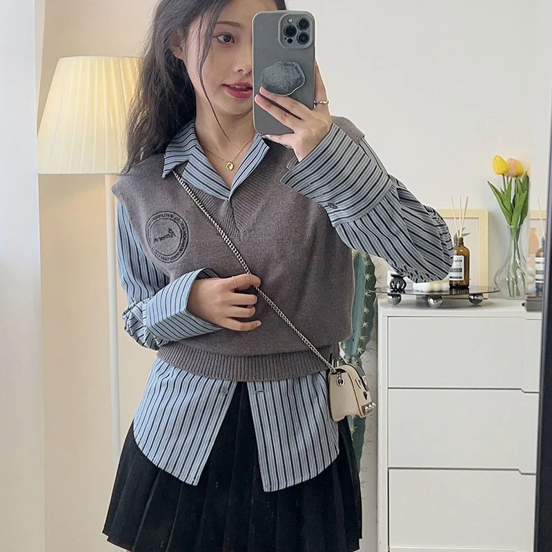 Vest Shirt Two-Piece Set Women Jk Pretty Style Basic Blue Striped Blouse Slim Student Knitted Gray Tank Sweater Jumpers