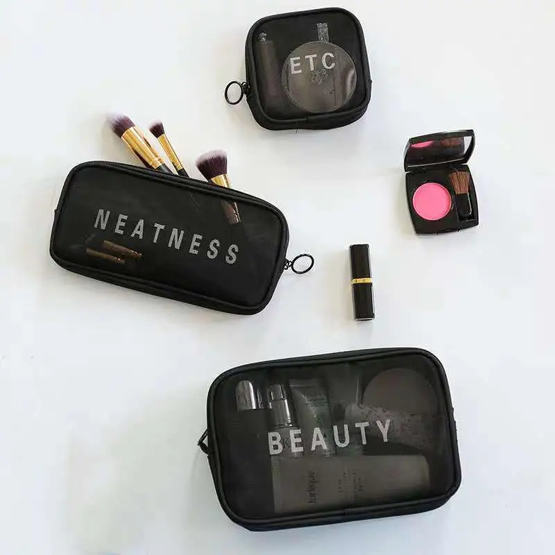 

1pc Transparent Mesh Zipper Cosmetic Bag Women Necessary Organizer Fashion Small Large Black Toiletry Bags Makeup Pouch Case