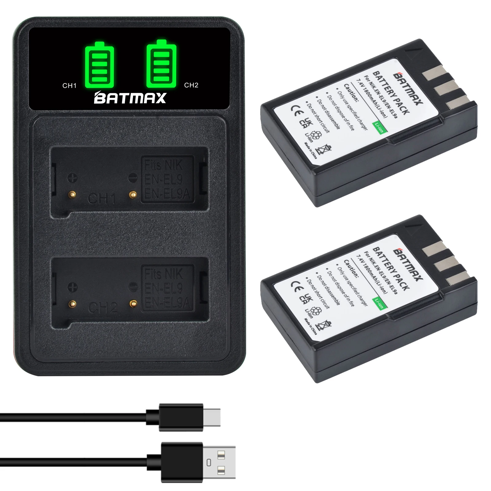 Batmax EN-EL9 EN-EL9a EN EL9 Battery+LED USB Dual Charger with Type C port for Nikon EN-EL9a D40 D60 D40X D5000 D3000 Camera