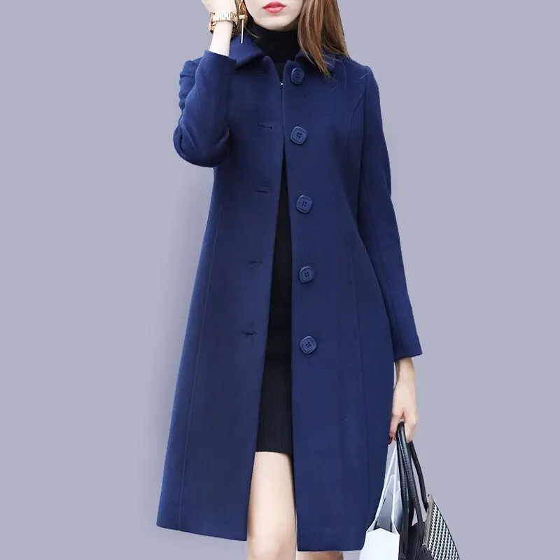 

Winter Trench Coat For Women Elegant Fashion Korean Casual Wool Coat Navy Blue Lace-up Long Jacket Black Woman Coat With Blet