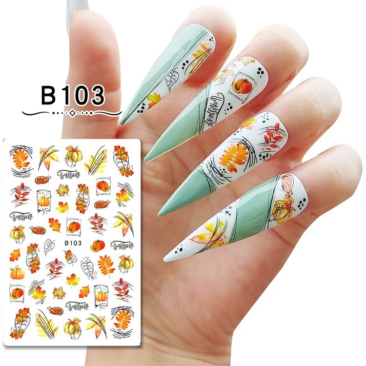 12 Sheets Maple Leaf Turkey Pumpkin Pie Thanksgiving Day Elements Adhesive Nail Art Stickers Decals Manicure Accessories Set