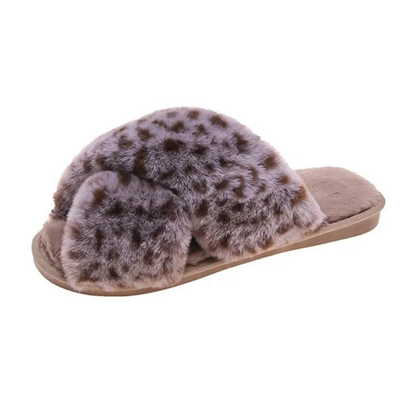 Winter Women Slippers Home Cotton Shoes Furry Warm Faux Fur Fashion Cozy Indoor Floor Slides Slip on Leopard Luxury Shoes Female