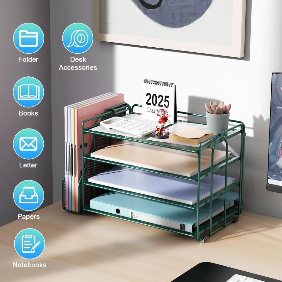 منظم ورق مكون من 4 طبقات مع حامل مجلات لتخزين المكتب وملحقات سطح المكتب الخضراء لتنظيم ملفات المستندات