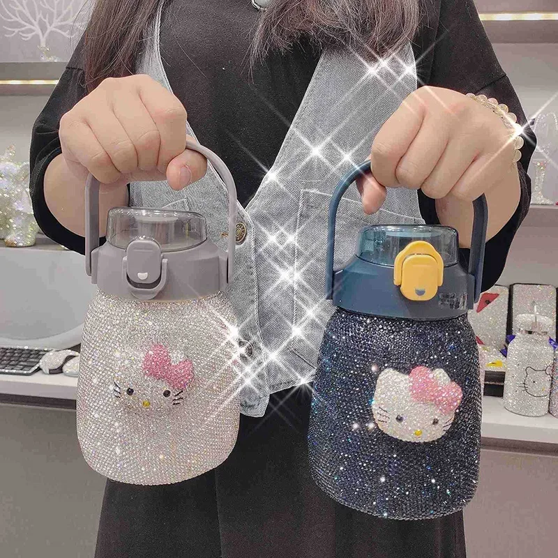 Diamond Water Bottle Sparkling Rhinestone Stainless Steel Vacuum Flask Insulated Thermos Bottle with Rope Glitter Cat Belly Cup