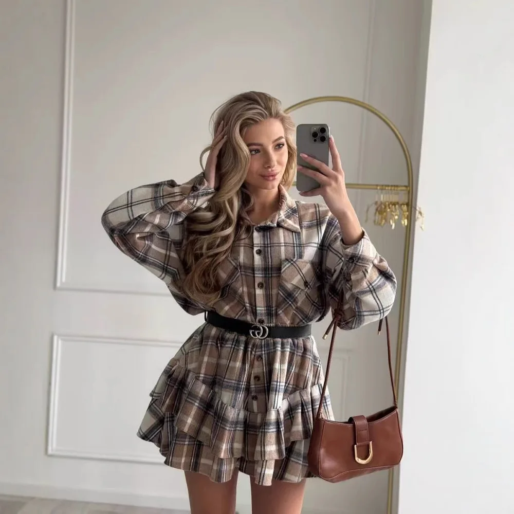 

Europe and the United States 2025 new high-end temperament plaid suit lapel lantern sleeve shirt ruffle edge skirt