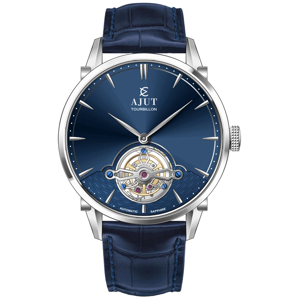 AJUT 0358 Automatic Mechanical Men's Luxury Watch Simple Bussiness Skeleton Flying Tourbillon Man Watch Sun-patterned Dial