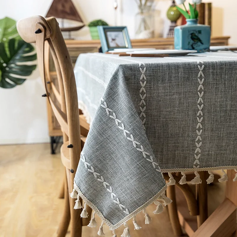 Solid Decorative Linen Tablecloth With Tassel Waterproof Thicken Rectangular Wedding Dining Table Cover Tea Table Cloth