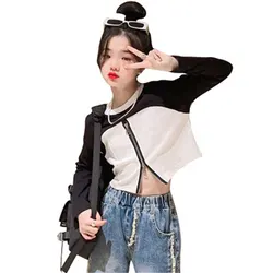 Girls Zipper Tops 8 10 12 14Years Fashion Short T-Shirt Long Sleeve High Waist Tees Kids Color Patchwork Clothes Spring Hot Sale