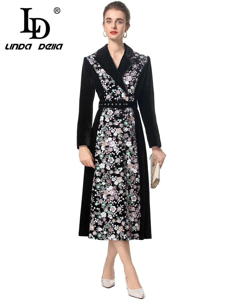 LD LINDA DELLA Sequins Embroidery Design Autumn and Winter Women's Dress Notched Long-Sleeved Vintage Party Ball Gown Dresses