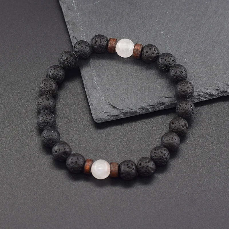 Genuine Natural White Jade Beaded Bracelet Women Men Round Jade Stone Volcanic Lava Elastic Purify the Soul Yoga Meditation Gift