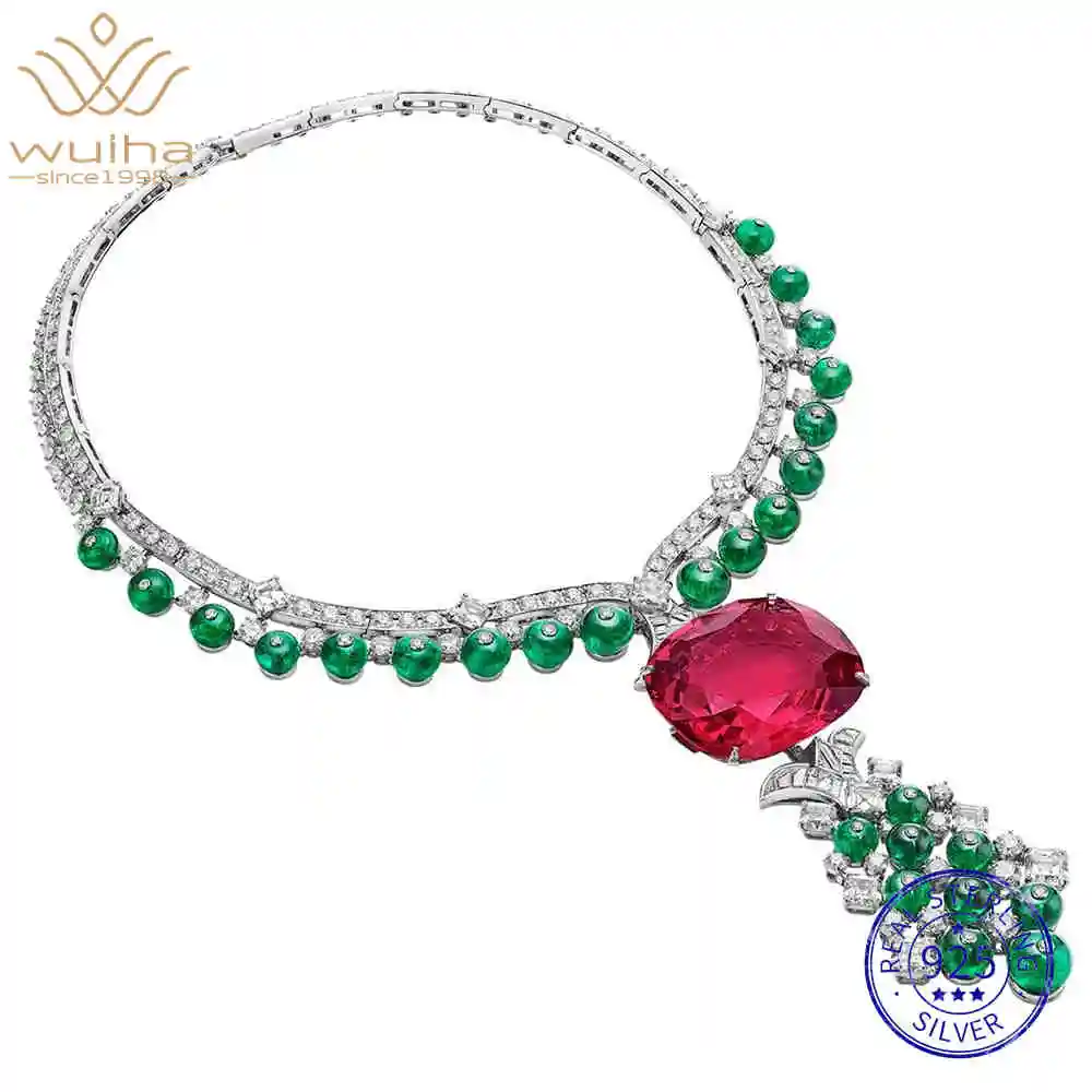 WUIHA Vintage Ruby Emerald High Carbon Diamonds Gemstone Necklaces Anniversary Cocktail 100% 925 Sterling Silver Fine Jewelry