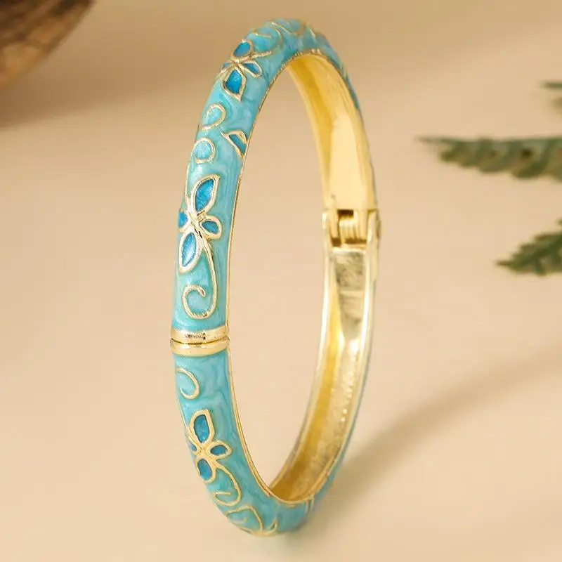 Handmade Enamel Cloisonne Bangle Vintage Floral Print Golden Trim Non-Fading Jewelry for Ladies Daily Outing Date Gift