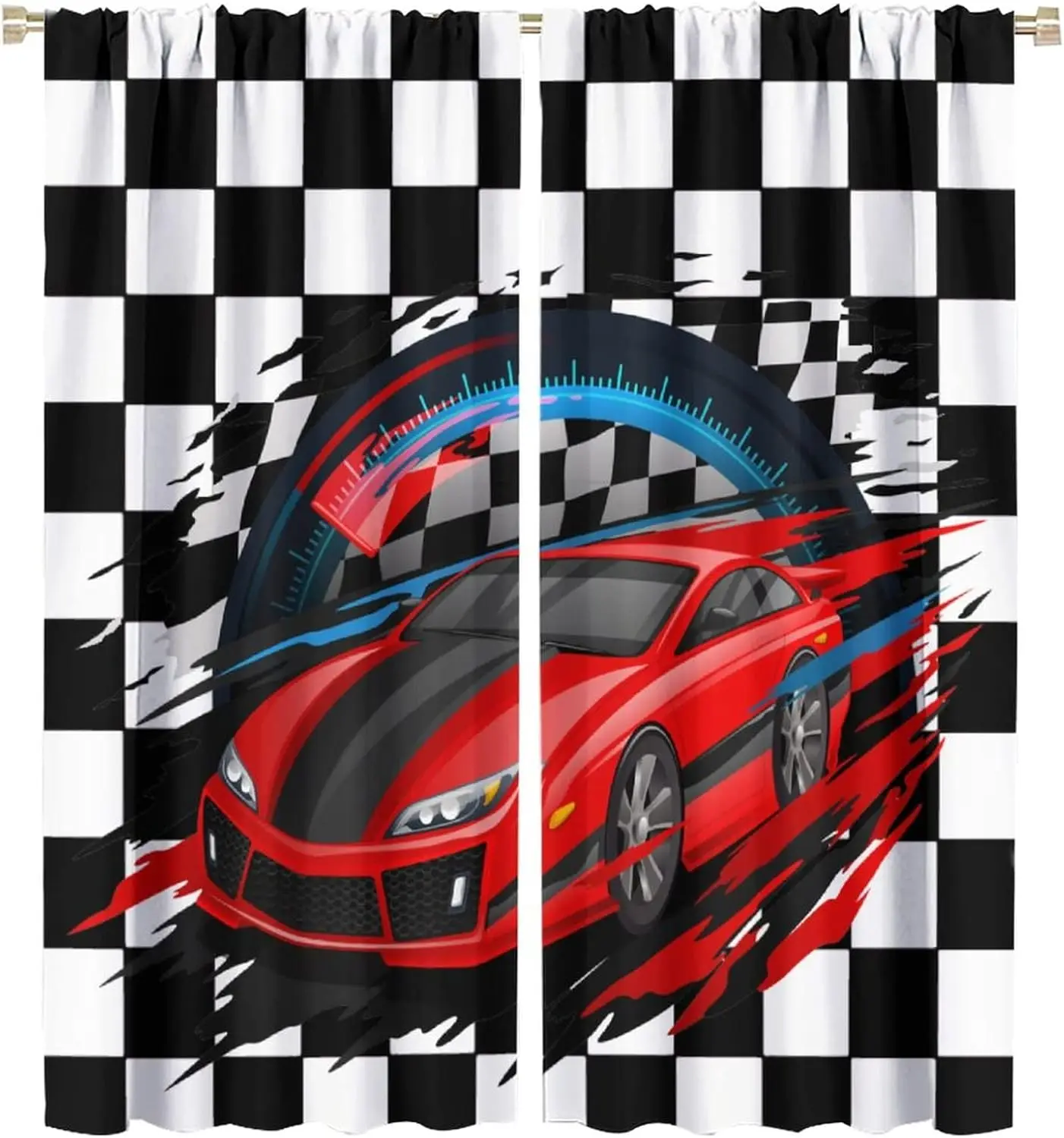 Racing Car Decorative Window Curtains, Race Car Competition Extreme Sports Red Automobile Decorative Curtain Rod Pocket Window