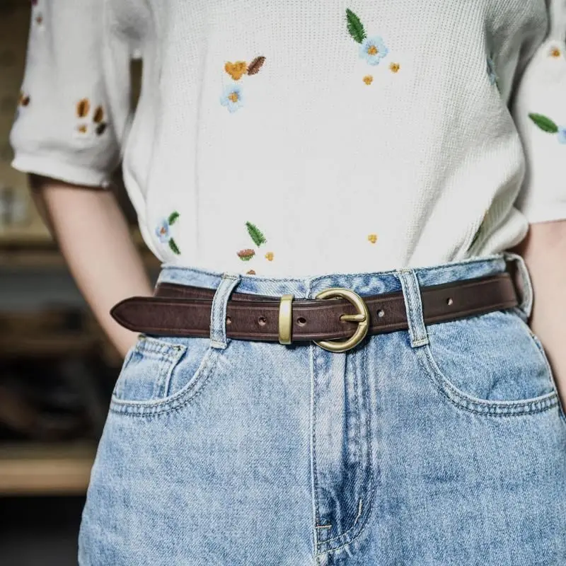 

The first layer of cowhide belt hole free size quality jeans strap vintage buckle waist metal genuine luxury leather belt wome