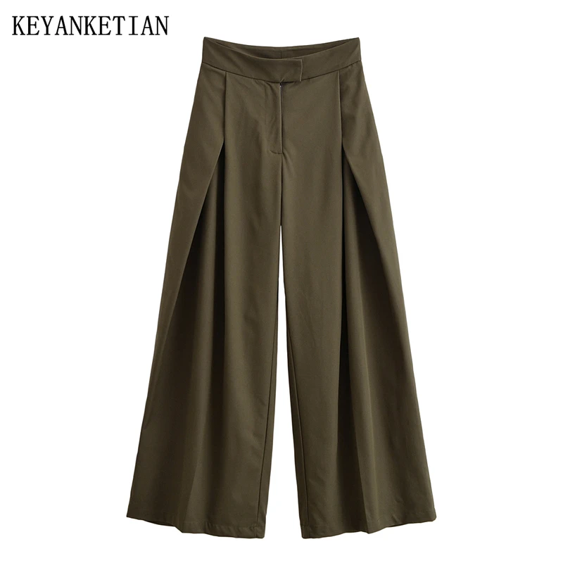 

KEYANKETIAN осенние новые женские плиссированные повседневные широкие брюки с высокой талией, прямые женские брюки