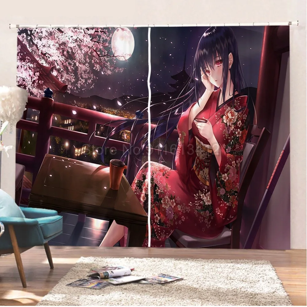 Anime 3D 2 Panels Blackout Curtains Living Room Decor Japanese Girl Blackout Photo Cartoon Curtain Print Fabric Window Drapes