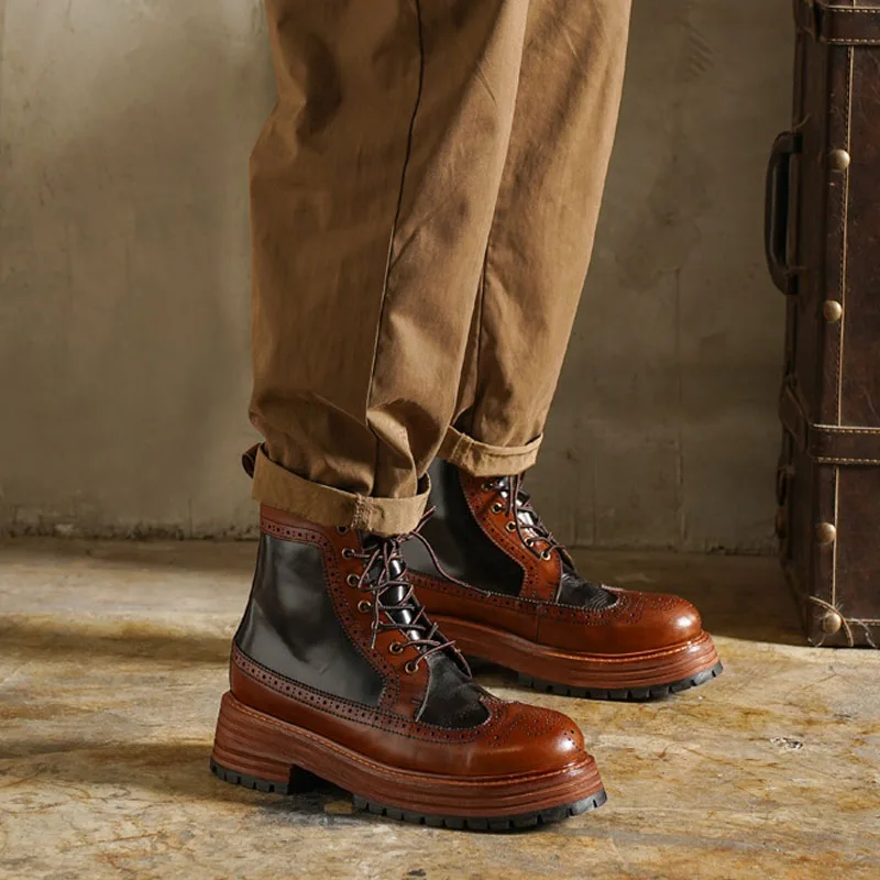 Fashion Men's Genuine Leather Chelsae Boots Brogue Carving Shoes High-top Round Toe Mid-calf Thick Heel Western Riding Boots