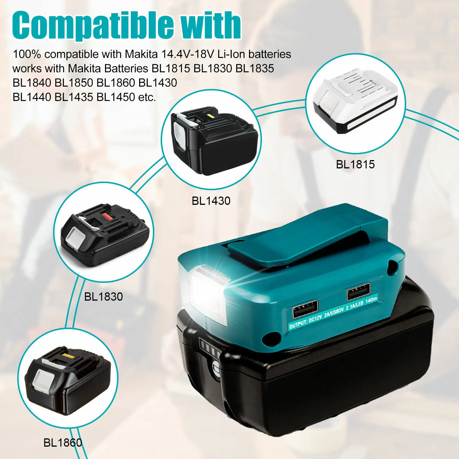 Imagem -05 - Conversor Usb Duplo com Lâmpada Led Adaptador de Luz Led de Trabalho Makita 14.4v Bateria Li-on 18v Bl1830 Bl1430 Tipo-c 1pc