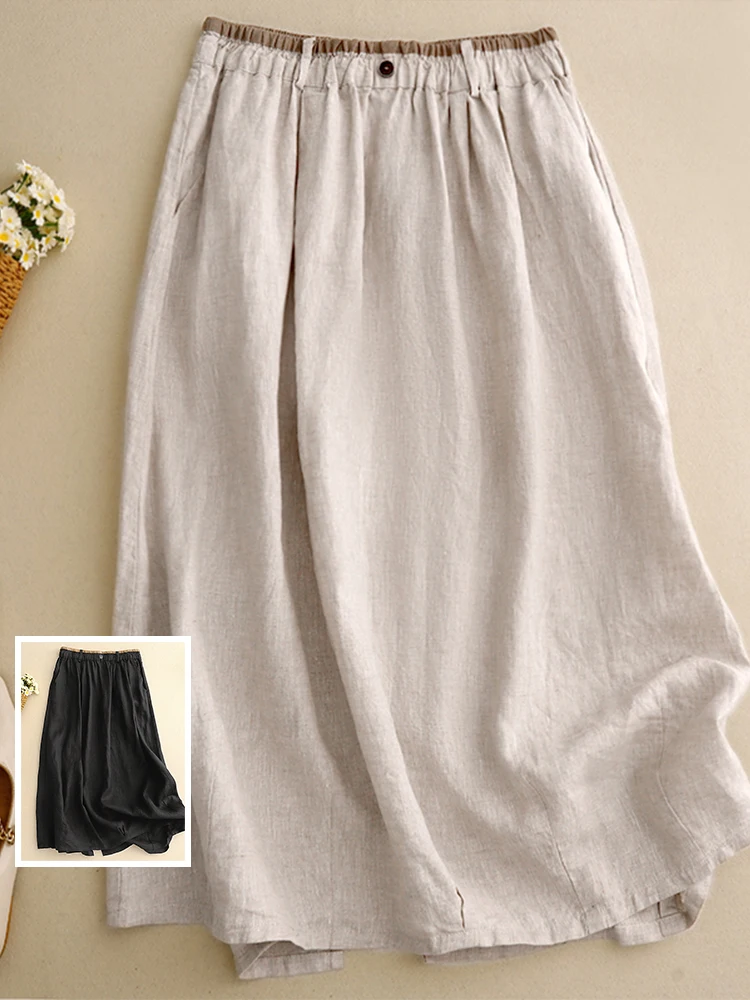 

Artistic Color Blo Elastic Waist Cotton Linen Long A-Line Skirt plus Size Women's Faion One Button High Waist Slimming Sk...